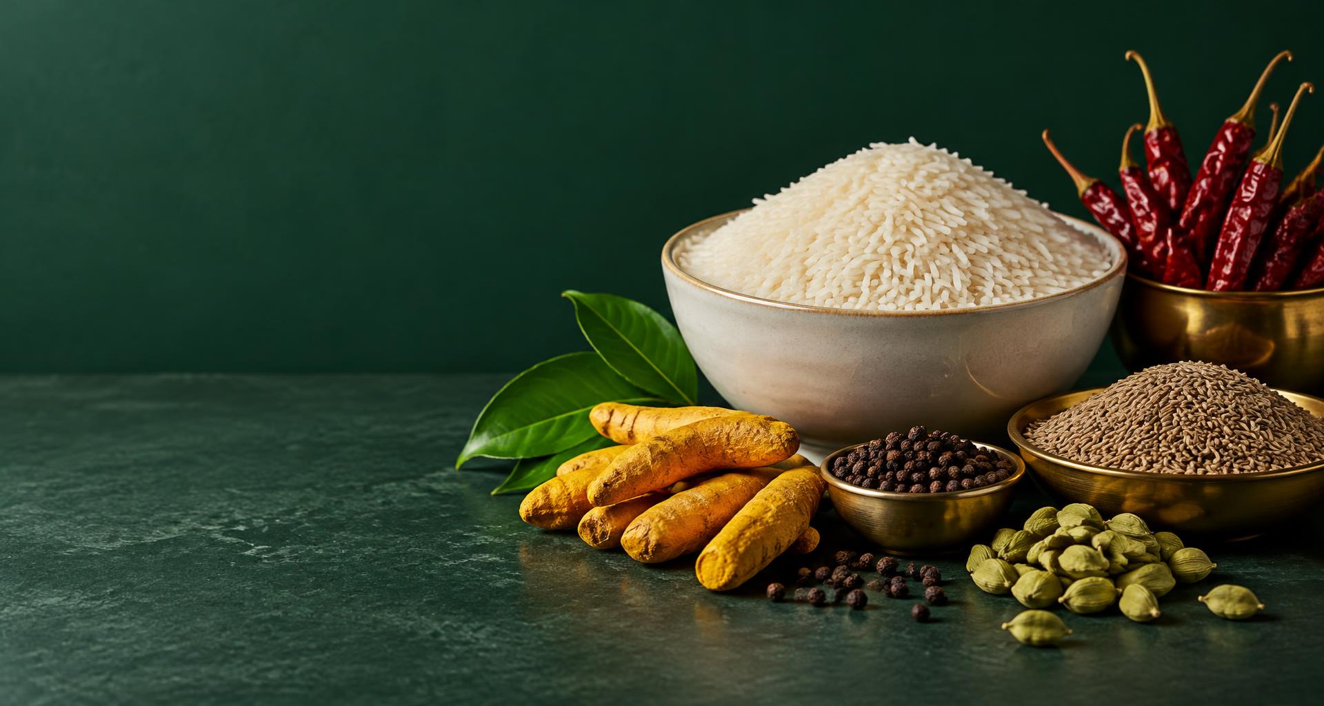 AI-generated still life of Indian spices, rice, lentils and chickpeas